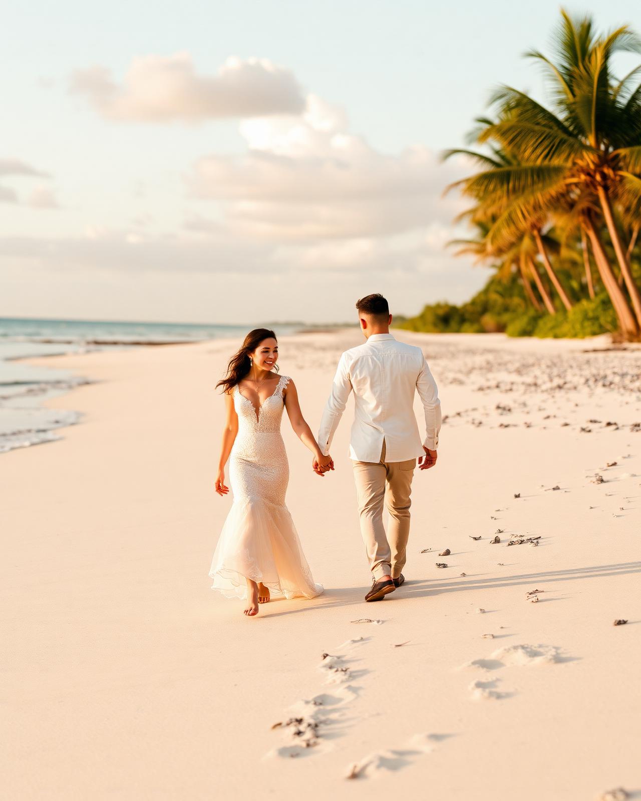 Newlywed couple walking hand in hand on a tropical beach at sunset