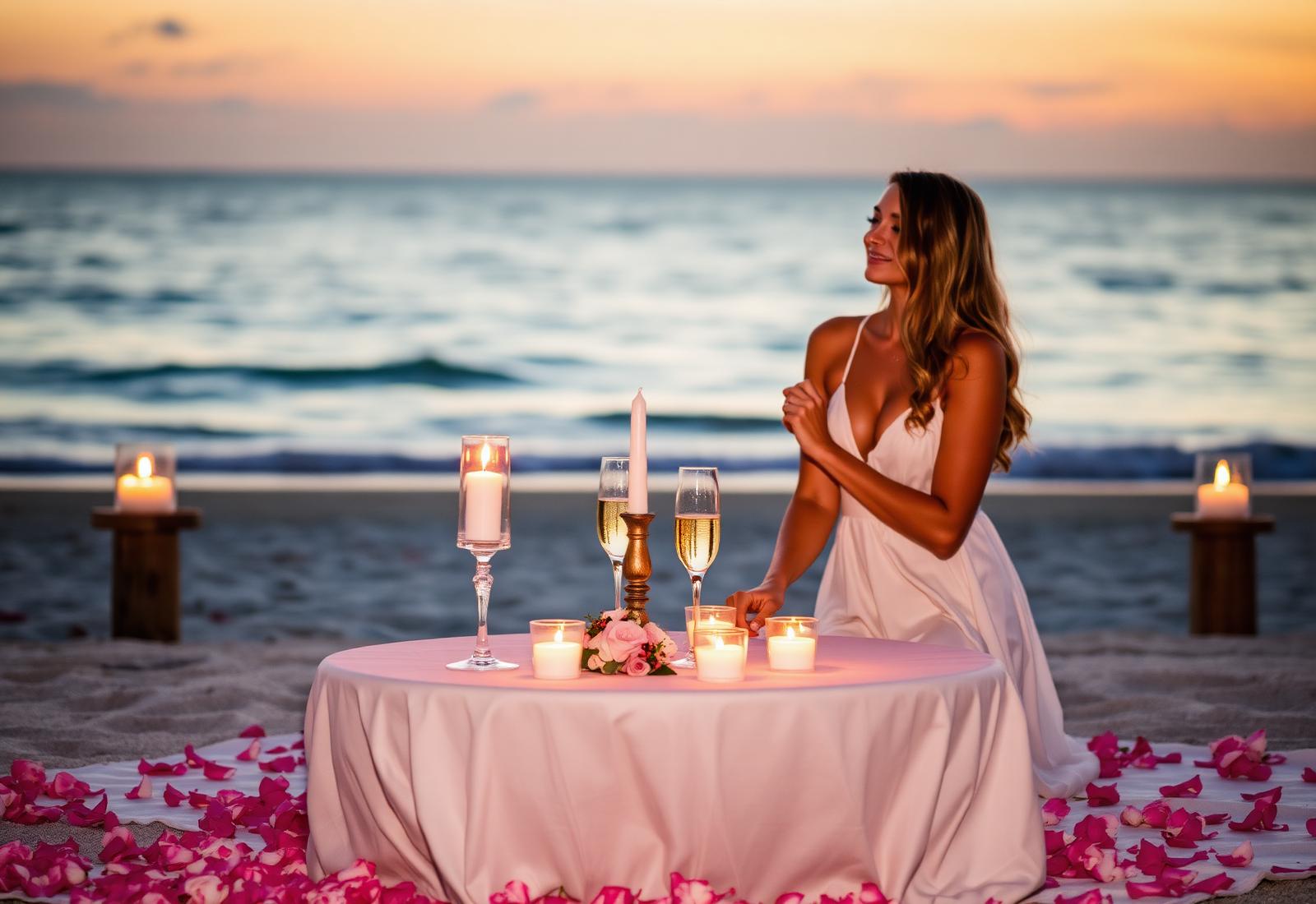 Candlelit dinner for two on the beach at sunset