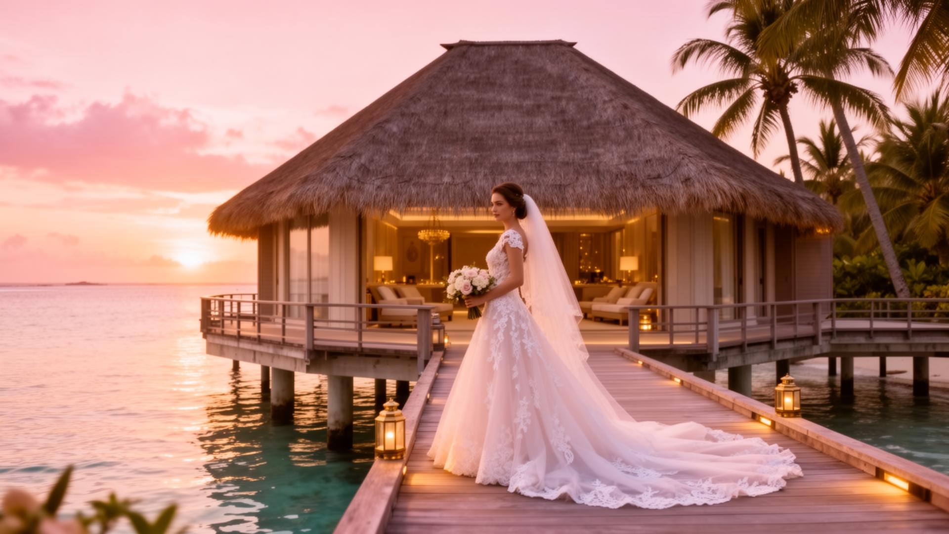 Bride at an overwater bungalow at sunset
